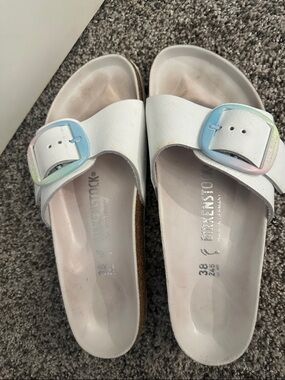 Birkenstock leather White Slides with Pastel Rainbow Buckle